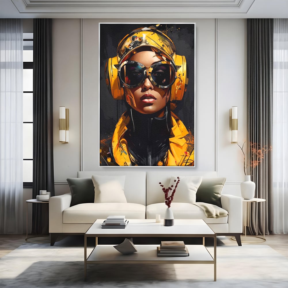 Tablou canvas cu portret digital cu femeie cyber galbena, in rama de aluminiu argintiu, pe perete intr-un living